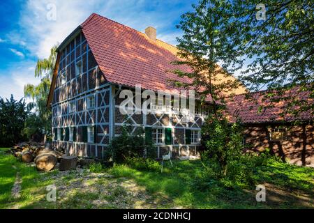 D-Dorsten, D-Dorsten-Hardt, Lippe, Ruhrgebiet, Naturpark hohe Mark Westmünsterland, Münsterland, Westfalen, Nordrhein-Westfalen, NRW, Vennemann Hof, Bauernhaus, Fachwerkhaus, Abendlicht Stockfoto