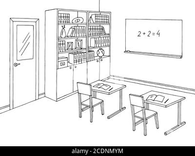 Klassenzimmer Grafik schwarz weiß Innen Skizze Illustration Vektor Stock Vektor