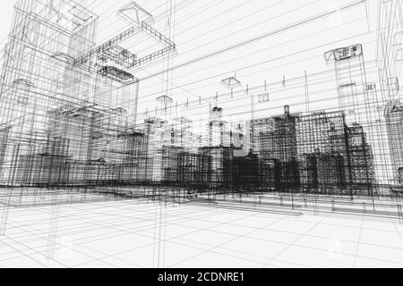 Stadtgebäude Projekt, 3d Drahtmodell Druck, Stadtplan. Architektur Stockfoto