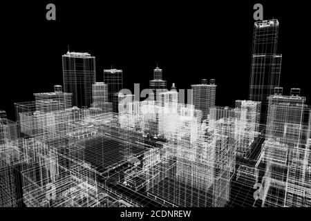 Stadtgebäude Projekt, 3d Drahtmodell Druck, Stadtplan. Architektur Stockfoto
