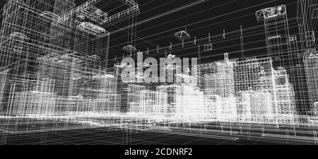 Stadtgebäude Projekt, 3d Drahtmodell Druck, Stadtplan. Architektur Stockfoto