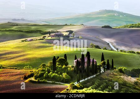 Toskana Landschaft bei Sonnenaufgang. Toskanisches Bauernhaus, Weinberg, Hügel. Stockfoto