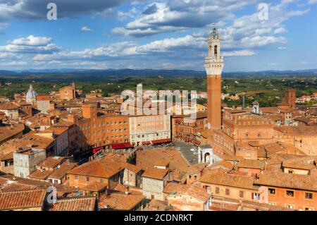 Siena, Italien Panorama auf dem Dach der Stadt. Mangia Tower, italienischer Torre del Mangia Stockfoto