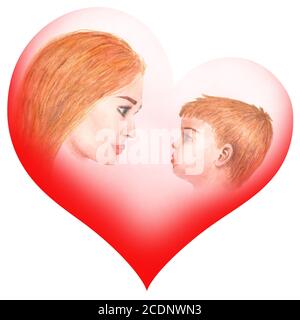 Happy Mothers Tag Aquarell Grußkarte Vorlage. Aquarell handgezeichnete Illustration. Mutter und ihr Kind in roter herzförmiger Silhouette. Drucken f Stockfoto