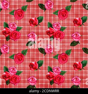 Hintergrund mit Aquarell rosa rote Rosen auf roten Streifen kariert nahtlose Muster. Aquarell handbemalt gestreift alte Grunge Textur. Print für textil Stockfoto