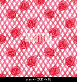 Hintergrund mit Aquarell rosa rote Rosen auf roten Streifen kariert nahtlose Muster. Aquarell handbemalt gestreift alte Grunge Textur. Print für textil Stockfoto
