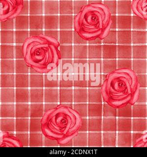 Hintergrund mit Aquarell rosa rote Rosen auf roten Streifen kariert nahtlose Muster. Aquarell handbemalt gestreift alte Grunge Textur. Print für textil Stockfoto
