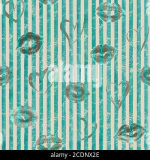 Vintage Hintergrund mit Aquarell Herzen und Lippen auf blaugrün Streifen nahtlose Muster. Aquarell handbemalt gestreift alte Grunge Textur. Pr Stockfoto