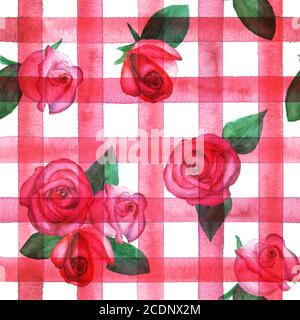 Hintergrund mit Aquarell rosa rote Rosen auf roten Streifen kariert nahtlose Muster. Aquarell handbemalt gestreift alte Grunge Textur. Print für textil Stockfoto