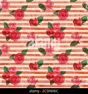 Vintage Hintergrund mit Aquarell rosa rote Rosen auf roten Streifen nahtlose Muster. Aquarell handbemalt gestreift alte Grunge Textur. Für Text drucken Stockfoto
