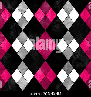 Schwarz weiß rosa grau argyle nahtlos kariert Muster. Aquarell handgezeichneter Hintergrund. Aquarell Raute Formen Textur. Druck für Stoffdesign, tex Stockfoto