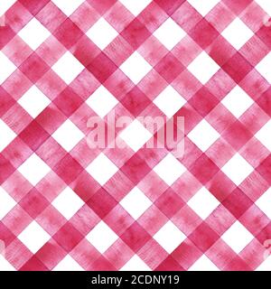 Aquarell diagonalen Streifen karierten nahtlose Textur. Rosa rote Streifen auf weißem Hintergrund. Handgezeichnetes Streifenmuster. Print für Textil, Tapete. Stockfoto