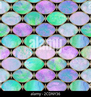 Nahtlose geometrische Muster mit bunten Aquarell abstrakte Formen auf schwarzem Hintergrund mit Gold Glitter Konturlinie. Aquarell handgezeichnete Textur Stockfoto