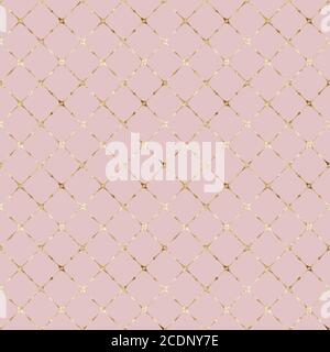 Streifen Grunge glitzernde Karo pastellrosa nahtlose Muster mit Gold Glitter Linie Kontur. Gestreifter Hintergrund. Abstrakte geometrische Diagonale überlappen Stockfoto