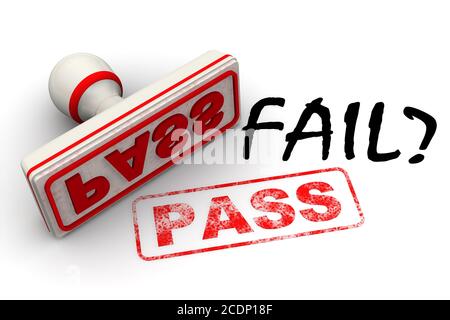 Fehlgeschlagen? Nein, Pass. Der Stempel und ein Aufdruck. Schwarzes Wort FEHLGESCHLAGEN? Und roter Gummistempel und Aufdruck PASSIEREN auf weißer Oberfläche. 3D-Illustration Stockfoto