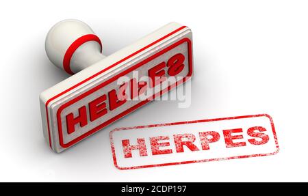 Weißer Gummistempel und roter Aufdruck HERPES (ist eine Virusinfektion, die durch das Herpes simplex Virus verursacht wird) auf weißer Oberfläche. 3D-Illustration Stockfoto