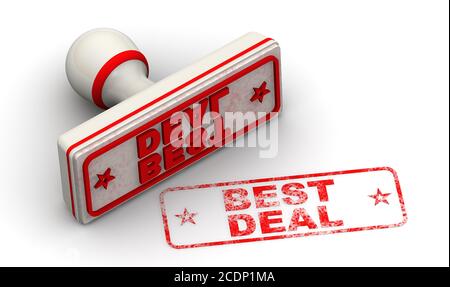 Bestes Angebot. Der Stempel und ein Aufdruck. Weißer Gummistempel und Aufdruck BEST DEAL auf weißer Oberfläche. 3D-Illustration Stockfoto