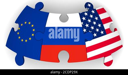 Puzzles mit Flaggen Russlands, der EU und der USA zusammen auf weißer Oberfläche. Der Begriff des Zusammenfallens von Interessen in der Geopolitik. 3D-Illustration Stockfoto