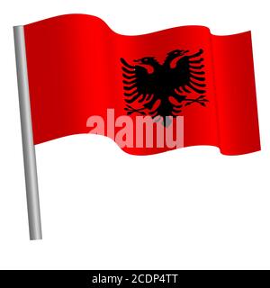 albanische Flagge winkt auf einer Stange Stockfoto