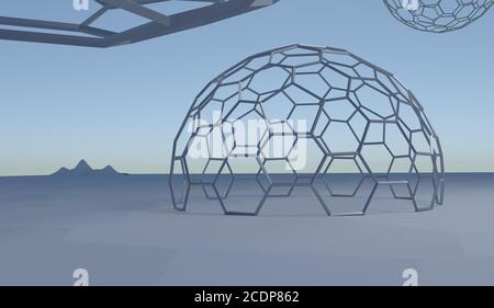 abstrakte Landschaft mit Hexagone Kugeln in blauen Farben 3d illustration Stockfoto