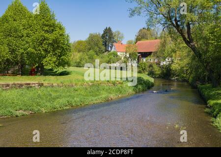 Der Weiße Main in Himmelkron mit Blick auf die Ostseite von Baille-Maille Lime Avenue und einige Bauernhöfe von Th Stockfoto