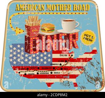 Grungy amerikanische Mutter Straße Diner Zeichen und Straßenkarte, retro grungy Vektor Illustration Stock Vektor