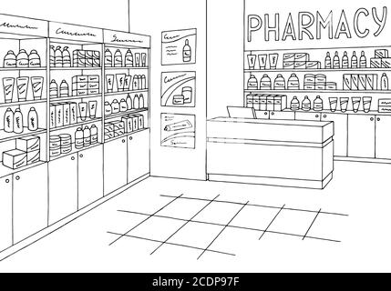 Apotheke Innenausstattung Grafik Geschäft schwarz weiß Skizze Illustration Vektor Stock Vektor