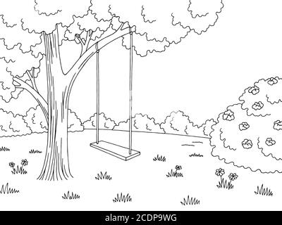 Baum Schaukel Grafik schwarz weiß Wald Lichtung Landschaft Skizze Illustration vektor Stock Vektor