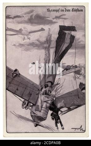 Deutsche historische Postkarte: Luftschlacht. Das gegnerische Flugzeug wird abgeschossen und fällt auseinander. Feindlicher Pilot erschossen, Deutschland, 1. Weltkrieg 1914-1918. Stockfoto