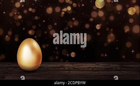 Goldenes osterei auf einem Holztisch auf dunklem Hintergrund mit goldenem Bokeh. Vintage Holztischplatte mit osterei. Defokusser dunkler tiefer Hintergrund. Zoll Stockfoto