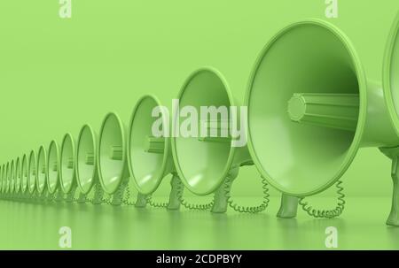 Viele monochrome grüne Megaphone stehen in einer Reihe. Lautsprecher auf grünem Hintergrund. Konzeptionelle Illustration mit Kopierbereich. 3D-Rendering Stockfoto