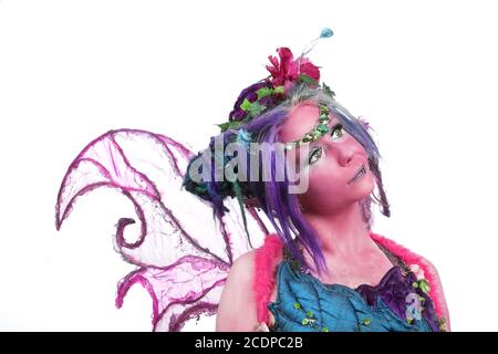 Junge Frau im Elfkostüm vor einem Weißer Hintergrund Stockfoto