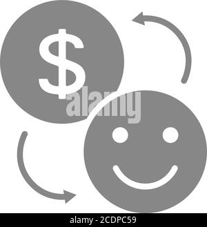 Münze und glückliches Smiley Gesicht graues Symbol. Tauschen Sie Glück auf Geld Symbol Stock Vektor