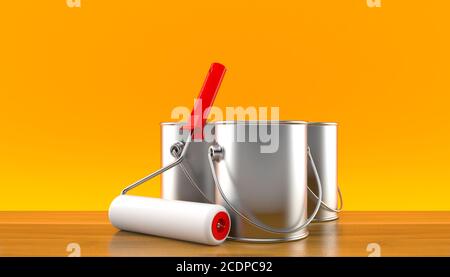 Dosen mit Farbrolle auf orangefarbenem Hintergrund bemalen Stockfoto