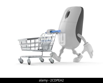 Computer Maus Charakter mit Warenkorb isoliert auf weißem Hintergrund Stockfoto