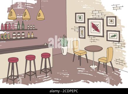 Café Bar Grafik Farbe Interieur Skizze Illustration Vektor Stock Vektor