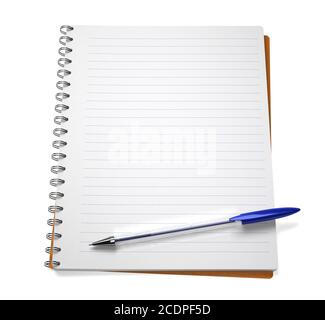 Offenes Notizbuch mit Stift, isoliert auf weiß. Platz kopieren, plse für Text Stockfoto