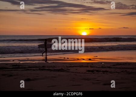 Surfer am Strand von Santa Teresa bei Sonnenuntergang / Costa Rica Stockfoto