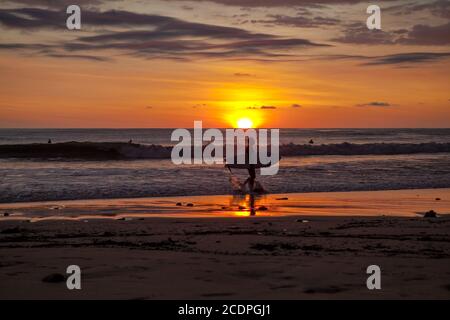 Surfer am Strand von Santa Teresa bei Sonnenuntergang / Costa Rica Stockfoto