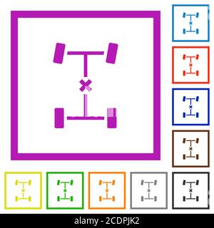 Flache Farbsymbole mit zentraler Differentialsperre in quadratischen Rahmen ein Weißer Hintergrund Stock Vektor