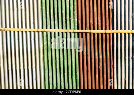 Mehrfarbig lackierte Wellpappe gibt horizontale Schattierungen, Streifen. Ein horizontaler Bambusstock hält den rostigen Zaun zusammen. Stockfoto