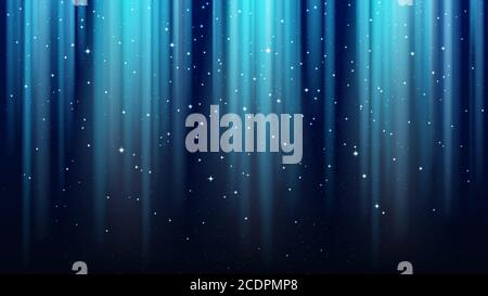 Leerer dunkelblauer Hintergrund mit Lichtstrahlen, funkelt, strahlender Sternenhimmel Stock Vektor