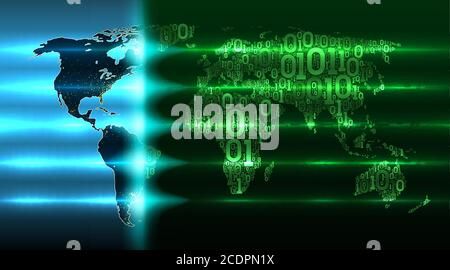 Weltkarte mit sich entwickelnden digitalen globalen Technologien der Zukunft. Karte der Erde mit Kontinenten aus einem binären Code mit einem Hintergrund von abstrakten Stock Vektor