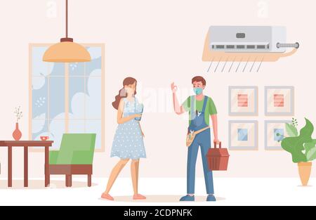 Junge Reparatur-Spezialist installiert oder repariert Klimaanlage für junge Frau Vektor flache Illustration. Servicekonzept Kühlsystem-Reparatur. Wohnzimmer mit Klimaanlage. Stock Vektor