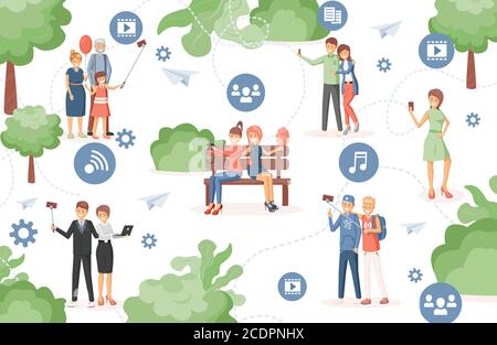Glückliche Menschen im Stadtpark mit drahtloser Internet-Technologie, um Musik zu hören, Videos zu sehen, Dateien miteinander zu teilen Vektor flache Illustration. Smart City, High-Speed-Anschlusskonzept. Stock Vektor