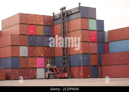 Leercontainerstapler mit Lift im Hof des Spreuverteilers Stockfoto