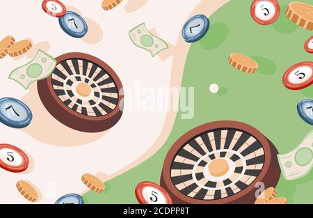 Casino und Glücksspiel Vektor flache Illustration. Glücksspiel Roulette, goldene Münzen, Papiergeld und Poker-Chips. Glücklicher Preis, Jackpot, glückliche Zahlen. Flyer, Poster oder Banner-Design für Casino. Stock Vektor