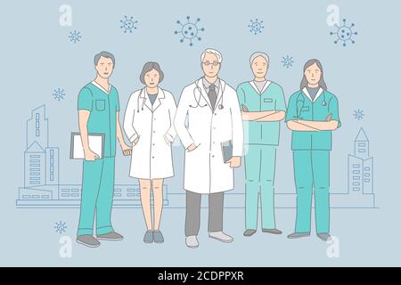 Gruppe von glücklich lächelnden Ärzten und Krankenschwestern zusammen auf dem Hintergrund der Pandemie Stadt Vektor Cartoon skizzieren Illustration stehen. Medizinisches Personal während des Ausbruchs des Coronavirus Covid-19. Stock Vektor