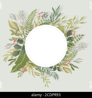 Grüne Blätter runde Rahmenvorlage mit Textraum in der Mitte. Grüne Sommer Laub, Zweige und rote Beeren Vektor flache Illustration. Einladung, Hochzeit, Grußkartenvorlage. Stock Vektor