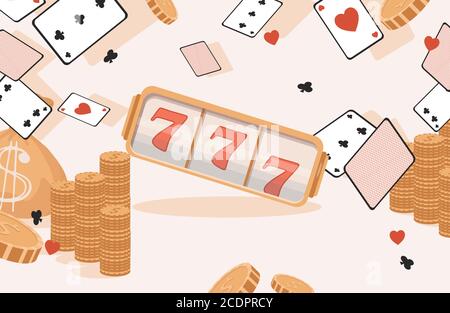 Casino 777 Vektor flach Banner Vorlage. Spielautomat, goldene Münzen und Spielkarten. Jackpot, Spielkarten, Glücksspiel Poker Konzept. Online Casino Banner oder Poster Konzept. Stock Vektor